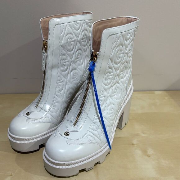 Gucci Trip Zip Front Ankle Boots White Rhombus GG Quilted Block Heel - Picture 2 of 10